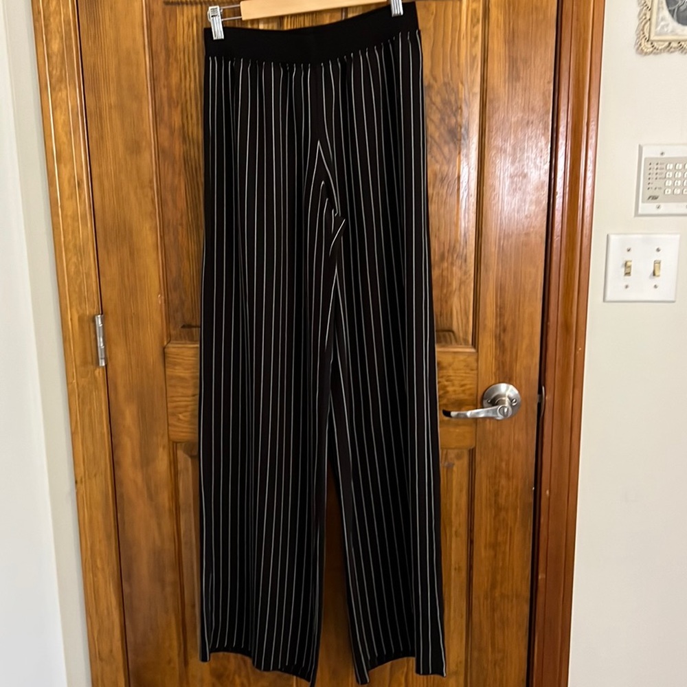 ATM wide leg pants. Classic black with white pin stripe.